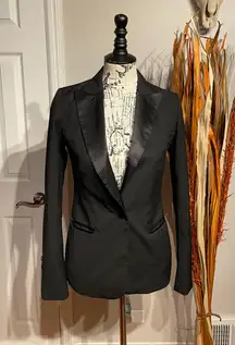 H&M Vintage Y2k Tuxedo Satin Blazer Rave Work Preppy Formal Evening Fit Flare One Button