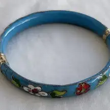 Vintage Cloisonne Women’s bangle Bracelet Light Blue Turquoise color floral 7.5”