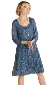 Soft Surroundings Starling Silk Floral Embroidered Midi Dress Sz PM Mallard Blue