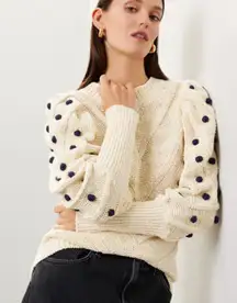 Marie Oliver White Balloon Sleeve Sweater XL Cottage Cotton Bobble Designer $258