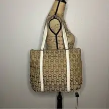 Michael Kors Tan Jacquard Jet Set Large Zip Tote White Leather Strap Side Pocket