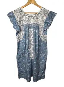 Margarita Mercantile‎ Sara Floral Ruffle Sleeve Dress Blue Embroidered Size S/M