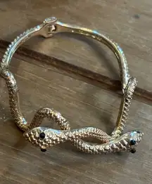Gold Tone Snake Bangle Bracelet With Black Accents - Hinged Cuff Design