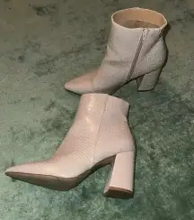 Cream Snake Print Chunky Heel Boots