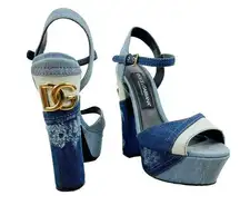 Dolce & Gabban Patchwork Denim Sandals Adjustable Strap Blue Size 37.5