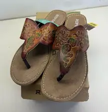 NIB Roper Leather Cactus Tooled Painted Sandal Flip Flop Thong Flat Western 11