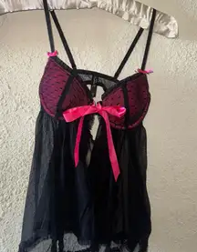 Victoria's Secret Black and Pink Chemise with Sheer Mesh and Bow