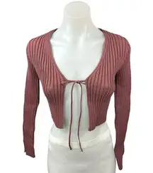 Zara Mauve Brown Ribbed Knit Tie Front Long Sleeve Crop Cardigan Sweater Top S
