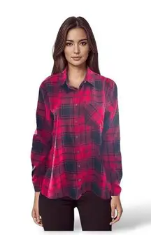 Red Black Buffalo Check Flannel Shirt Long Sleeve Loose Fit Size S