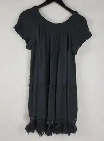 Vintage Havana Women Dress Size S Black Off Shoulder Crochet Tassel Fringe Hem