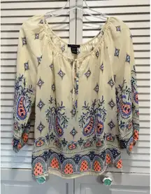 Timing Cream/Blue Paisley‎ Chiffon Tie Neck Long Sleeve Size L Flowy Sheer