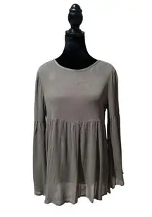 Earthbound Tunic Olive Green Bell Flutter Long Sleeves Open Tie Back Women Sz M