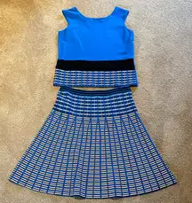 Per Se 2 Piece Matching Set Pull On Skirt & Tank Top Stretchy Blue Black Geo M