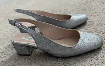 Silver sparkly shoes, low heel