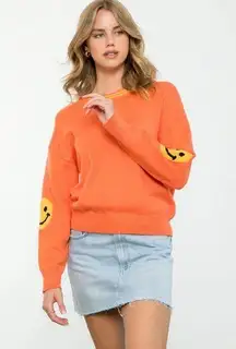 THML Long Sleeve Smiley Face Sleeve Pullover Knit Sweater Orange Small S