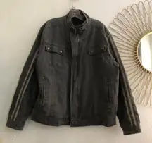 Grunge Biker Punk Streetwear Grey Black denim Motorcycle cargo bomber jacket coat long sleeve 3 stripes high mock neck