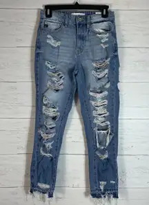 KanCan Jeans Womens 3/25 Blue Skinny Rainbow Frayed Hem High Rise Ripped Denim