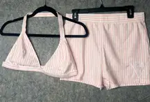 Yazmii Size XL retro 2 piece NWOT pink‎ striped bra top and high waisted shorts