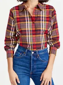 The Great Cottage Plaid Button Down Shirt Sz 2 Red Yellow Navy Boxy