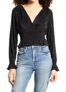 Leith Plisse Smocked Crop Long Sleeve Top Black XS