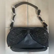 Black shoulder bag, large, studded front flap bow detail, embellished strap