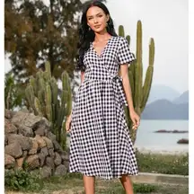 SheIn  Black and White Gingham Tie Side Wrap A-Line Midi Dress Size Small