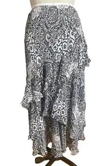 Lauren Ralph Lauren Tiered Ruffle Black & White Print Silk Maxi Skirt Sz Medium