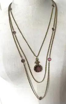 Goldette gold tone multi strand vintage purple cameo glass pendant necklace