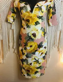 Privy Floral bodycon dress. Plunging neckline. 3/4 sleeves.