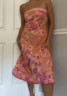 Vintage  pink floral sequin tube top strapless fit and flare midi dress