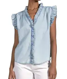 Sleeveless Ruffle Blouse In Blue Wash Chambray Denim Style Tank Top Large