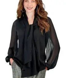 Bar III Women's Plus Size Chic Black Balloon Sleeve Blouse with Tie Neck 1X