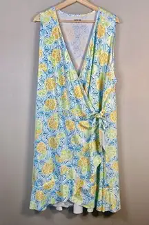 Lands' End Citrus Lemon Lime Women's 3X Ruffle Hem Wrap Sun Dress Swim Coverup