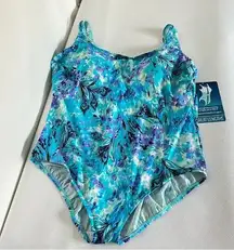 Great Lengths Full Coverage One Piece Swimsuit Size 24 Blue Multi Tummy Control
