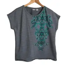 Chicos 2 Women Top L Black Stripe Paisley Design Coastal Nautical Travel Casual‎