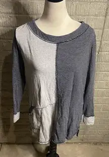 Neon Buddha Gray Navy Asymmetrical Striped Patchwork Casual Top Size Large‎