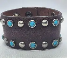 Buckle Brown Genuine Leather, Blue Faux Stone, & Silver Stud Bracelet