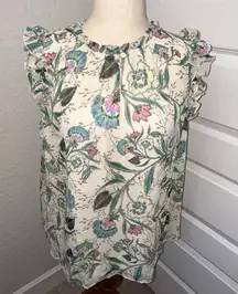 LOFT Floral Print Ruffle Sleeveless Loop Button Keyhole Blouse Shirt Top  Size XXL 
