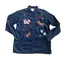 The Quacker Factory Long Sleeve Denim Shirt Womens Large Embroidered BINGO Lucky