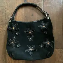 Black suede, pony hair/leather/rhinestone floral appliqué hobo, made in Italy