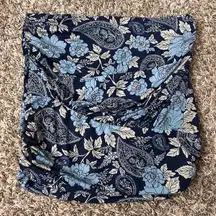 Free People Ruched Bandeau Tube Top Floral Paisley Design Blue and Cream Sz XS