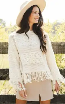 Ellison Sweater Cream Fringe Trim‎ Women’s Large L/S Boutique Boho Knit NWT
