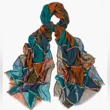 Chico’s Multicolor Diamond Print Patchwork Pom Pom Rectangular‎ Scarf