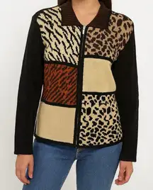 Vintage Erika & Co Animal Print Safari Patchwork Zip Sweater Jacket Sz Medium
