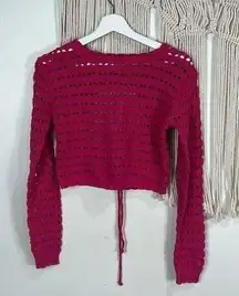 Womens Free People Knit Crop Top Long Sleeve Sheer Magenta Size Small open back