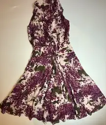 Bryan Bradley Floral Print 100% Silk‎ Dress Sleeveless Purple halter Fit Flare M