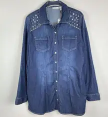 Chico's  Shirt Jacket Medium Denim Jeweled Rhinestones‎ Western Pearl Snap NEW