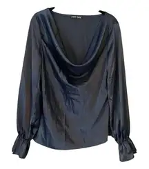 Navy SHEIN Women's Satin Cowl Neck Flounce Sleeve Blouse‎ Size M A50
