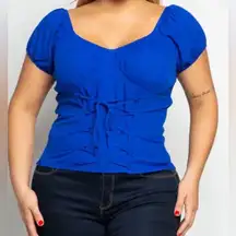 Zenobia Royal Blue Puff Sleeve Smocked Front Lace Up Corset Top Plus Size 2XL