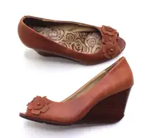 | Brown Leather Floral Wedge Peep Toe